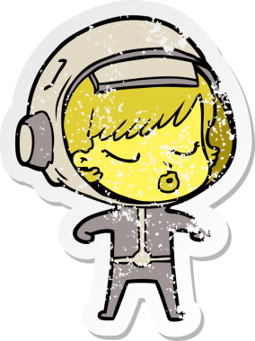 Bir karikatür çıkartması. Bir insan tarafından çizilmiş güzel astronot kız.