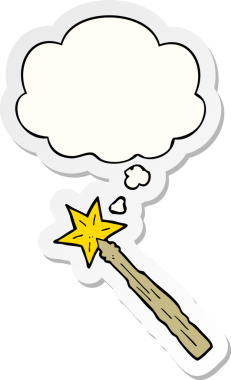 Düşünce baloncuklu sihirli değnek insan tarafından çizilmiş bir çıkartma.