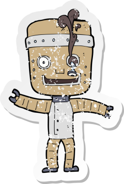 Bir insan tarafından çizilmiş komik, yaşlı bir robotun gerilmiş çıkartması.