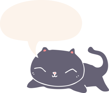 Konuşma baloncuğu olan çizgi film kedisi insan tarafından çizilmiş.