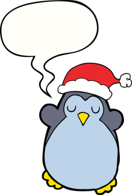 Bir insan tarafından çizilmiş konuşma balonu olan sevimli bir Noel pengueni.