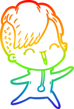 Gökkuşağı gradyan çizgisi mutlu çizgi film hipster kızı bir insan tarafından çizilmiş.