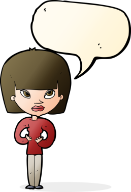 Bir insan tarafından çizilmiş bir konuşma balonuyla kendine el kol hareketi yapan bir karikatür kadını.