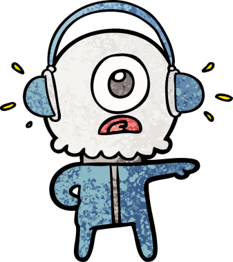 Çizgi film Tepegöz uzaylı uzay adamı bir insan tarafından çizilen müziği dinliyor.