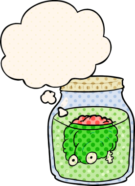 Kavanozda bir insan tarafından çizilmiş çizgi roman tarzında garip bir beyin.