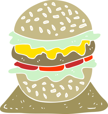 Bir insan tarafından çizilmiş lezzetli hamburgerin düz renk çizimi