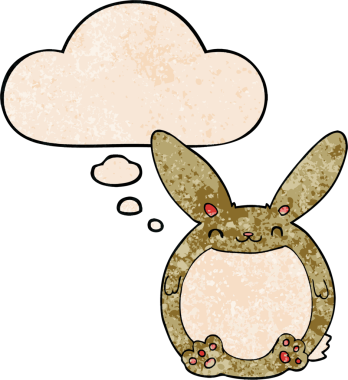 Bir insan tarafından çizilmiş grunge desenli düşünce baloncuklu çizgi film tavşanı.