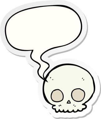 Bir insan tarafından çizilmiş konuşma balonu çıkartmalı karikatür kafatası.