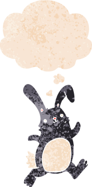 Düşünce baloncuğuyla koşan çizgi film tavşanı bir insan tarafından çizilmiş dertli retro tarzı