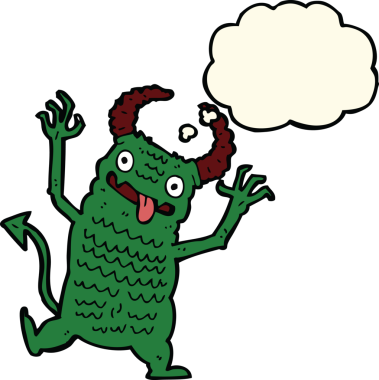 Bir insan tarafından çizilmiş düşünce kabarcığı olan çizgi film iblisi.