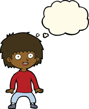 Bir insan tarafından çizilmiş düşünce baloncuğu olan heyecanlı çocuk.