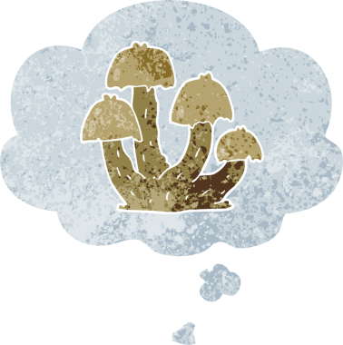 Düşünce baloncuklu karikatür mantarları grunge sıkıntılı retro desen bir insan tarafından çizilmiş