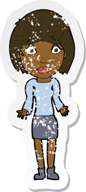 Bir insan tarafından çizilmiş omuzlarını silken karikatürlü bir kadının gerilmiş çıkartması.