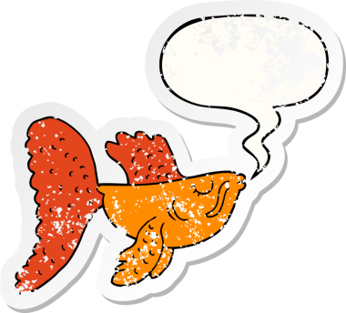 Çin çizgi filminde, konuşma balonuyla dövüşen balıklar, bir insan tarafından çizilmiş, kederli, eski bir çıkartma.