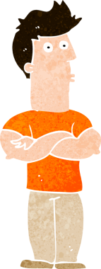 Bir insan tarafından çizilmiş kolları katlanmış çizgi film adamı.