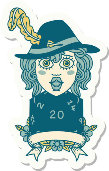 Bir insan ozan karakterinin çıkartması. Bir insan tarafından çizilmiş doğal 20 zar.