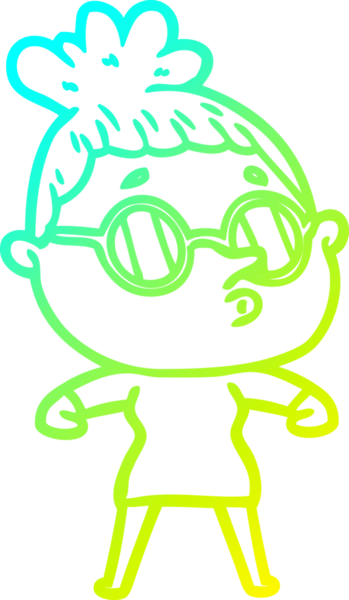 Bir insan tarafından çizilmiş gözlük takan çizgi film kadını çizimi.