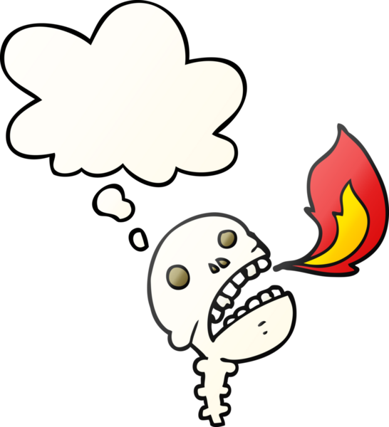 Bir insan tarafından çizilmiş yumuşak eğimli düşünce baloncuğu olan ürkütücü cadılar bayramı kafatası çizgi filmi