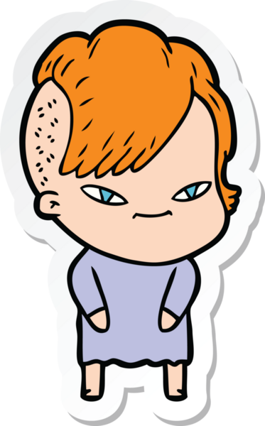 Hipster saç kesimi bir insan tarafından çizilmiş şirin bir çizgi film kızına ait etiket.