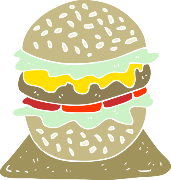 Bir insan tarafından çizilmiş lezzetli hamburgerin düz renk çizimi