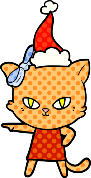 Bir insan tarafından çizilmiş Noel Baba şapkası giyen bir kedinin çizdiği çizgi roman çizimi.