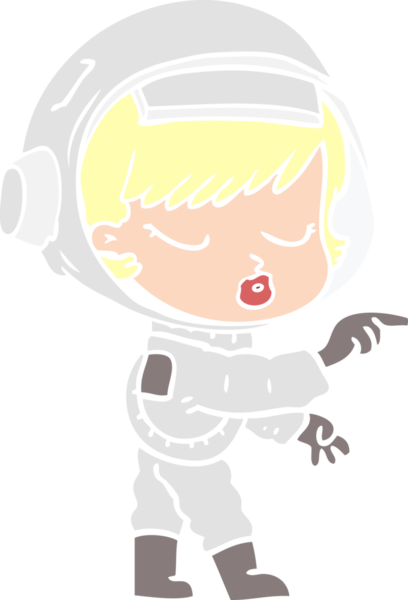 Düz renkli çizgi film. Güzel astronot kız bir insan tarafından çizilmiş.