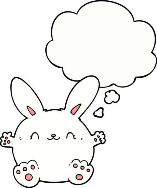 Bir insan tarafından çizilmiş düşünce kabarcığı olan sevimli çizgi film tavşanı.