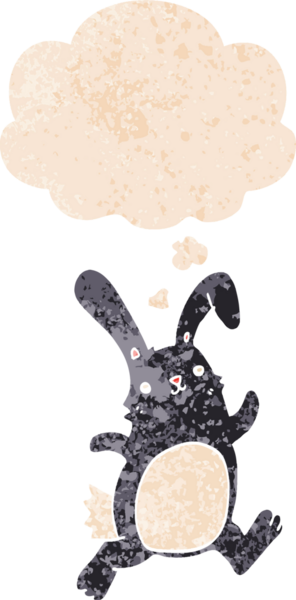 Düşünce baloncuğuyla koşan çizgi film tavşanı bir insan tarafından çizilmiş dertli retro tarzı