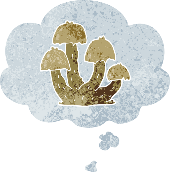 Düşünce baloncuklu karikatür mantarları grunge sıkıntılı retro desen bir insan tarafından çizilmiş