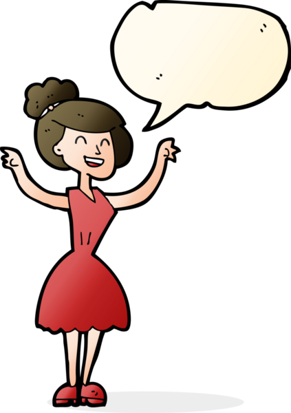 Bir insan tarafından çizilmiş konuşma balonuyla kollarını kaldırmış bir karikatür kadın.
