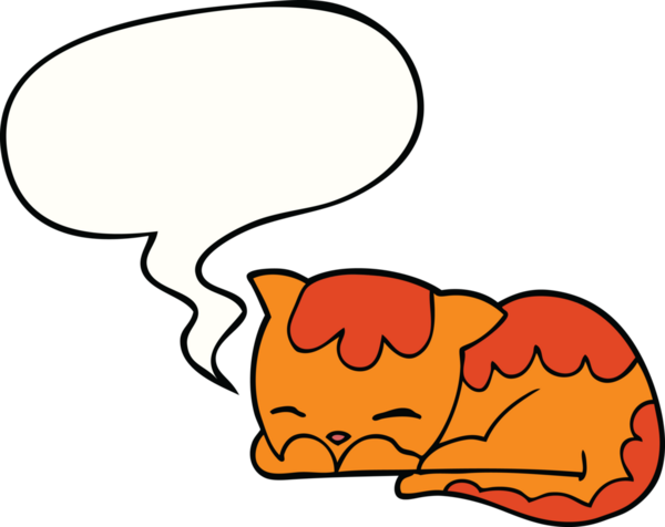 Bir insan tarafından çizilmiş konuşma balonuyla uyuyan çizgi film kedisi.