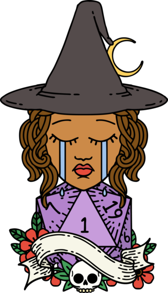 Retro Dövme Tarzı Ağlayan İnsan Cadı Doğal D20 yuvarlamalı Bir insan tarafından çizilmiş