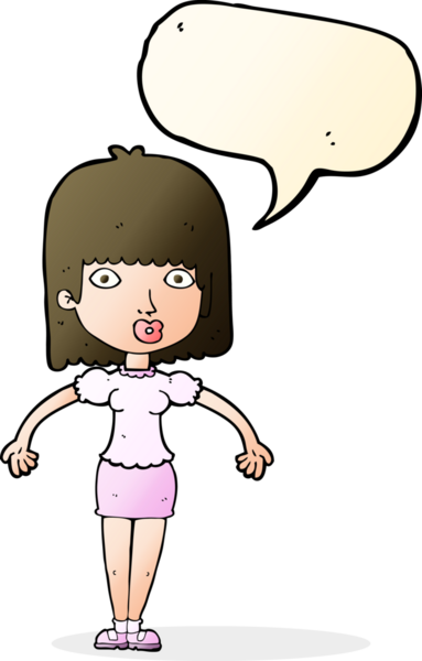 Bir insan tarafından çizilmiş konuşma baloncuğuyla omuz silken çizgi film kadını.