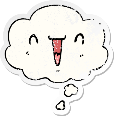 Düşünce baloncuğu olan sevimli mutlu çizgi film yüzü bir insan tarafından çizilmiş yıpranmış bir çıkartma gibi.