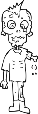 Bir insan tarafından çizilmiş siyah beyaz çizgi film zombisi.