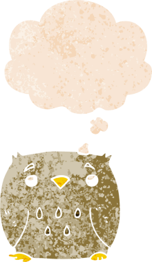 bir insan tarafından çizilmiş grunge sıkıntılı retro desenli düşünce baloncuğu ile çizgi film baykuşu