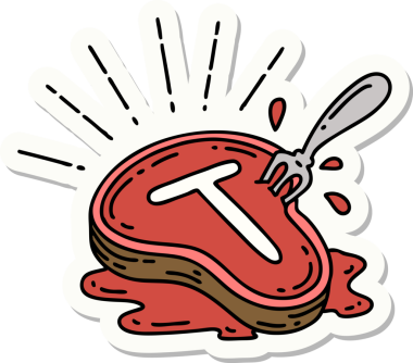 Bir insan tarafından çizilmiş dövme stili biftek ve çatal.