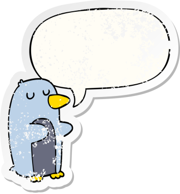 Konuşma baloncuğu olan karikatür pengueni bir insan tarafından çizilmiş sıkıntılı eski bir çıkartma