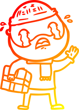Bir insan tarafından çizilmiş Noel hediyesiyle ağlayan sakallı bir adamın sıcak çizgi çizimi.