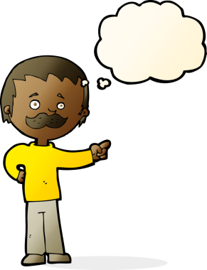 Çizgi filmdeki bıyıklı adam bir insan tarafından çizilmiş düşünce balonuyla işaret ediyor.