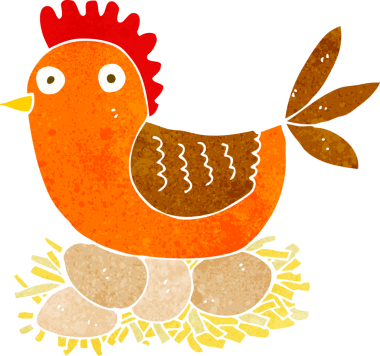 Bir insan tarafından çizilmiş yumurtalar üzerinde çizgi film tavuğu