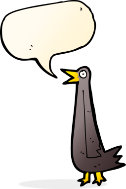 Bir insan tarafından çizilmiş konuşma baloncuklu komik çizgi film kuşu.