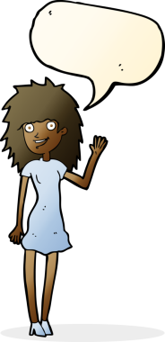 Bir insan tarafından çizilmiş konuşma baloncuğuyla el sallayan mutlu bir kadın.