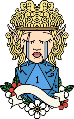 Retro Tattoo Stili üzgün elf barbar karakter yüzü ve bir insan tarafından çizilmiş doğal bir D20 rulo.