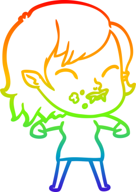 Gökkuşağı gradyan çizgisi. Bir insan tarafından çizilmiş yanağında kan olan vampir bir kız çizgi filmi.