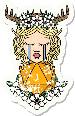 Ağlayan bir Elf Druid karakterinin yapışkan etiketi. Doğal bir D20 ruloyla bir insan tarafından çizilmiş.
