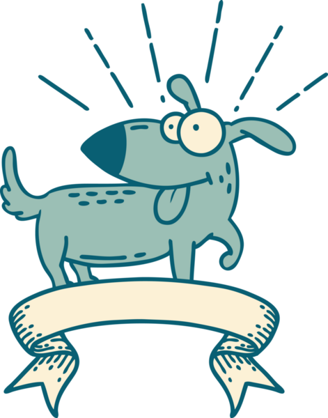 Bir insan tarafından çizilmiş dövmeli mutlu bir köpek.