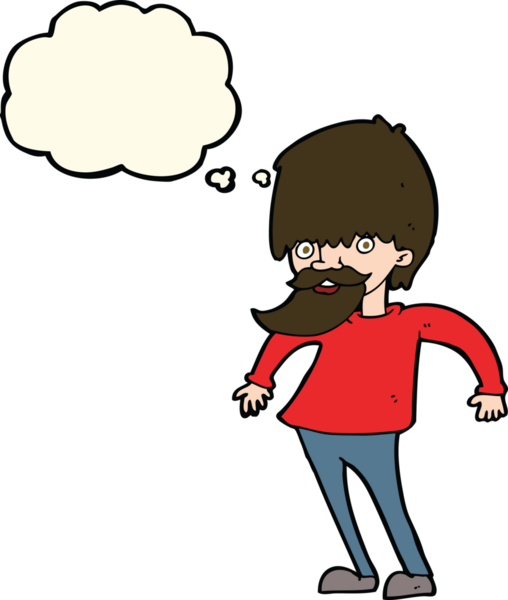 Bir insan tarafından çizilmiş düşünce baloncuğuyla omuzlarını silken sakallı bir adam.