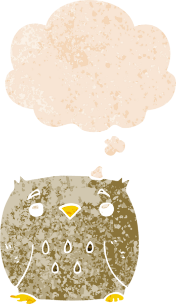 bir insan tarafından çizilmiş grunge sıkıntılı retro desenli düşünce baloncuğu ile çizgi film baykuşu