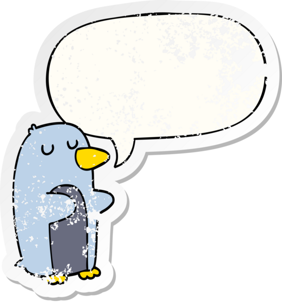 Konuşma baloncuğu olan karikatür pengueni bir insan tarafından çizilmiş sıkıntılı eski bir çıkartma